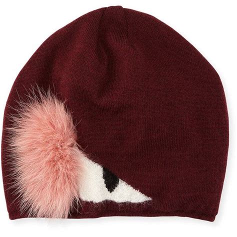 Fendi Wool Monster Beanie Hat w/ Fur, Burgundy 